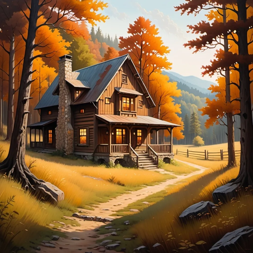 Prompt: home surrounded by woods and fields, traditional painting, cozy atmosphere, warm earthy tones, detailed flora and fauna, rustic style, natural lighting, high quality, traditional, cozy atmosphere, warm tones, detailed landscape, rustic, natural lighting