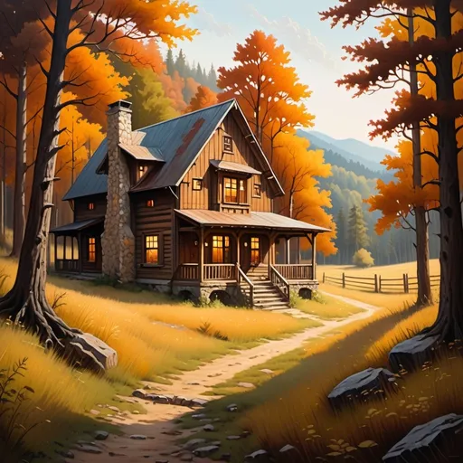 Prompt: home surrounded by woods and fields, traditional painting, cozy atmosphere, warm earthy tones, detailed flora and fauna, rustic style, natural lighting, high quality, traditional, cozy atmosphere, warm tones, detailed landscape, rustic, natural lighting