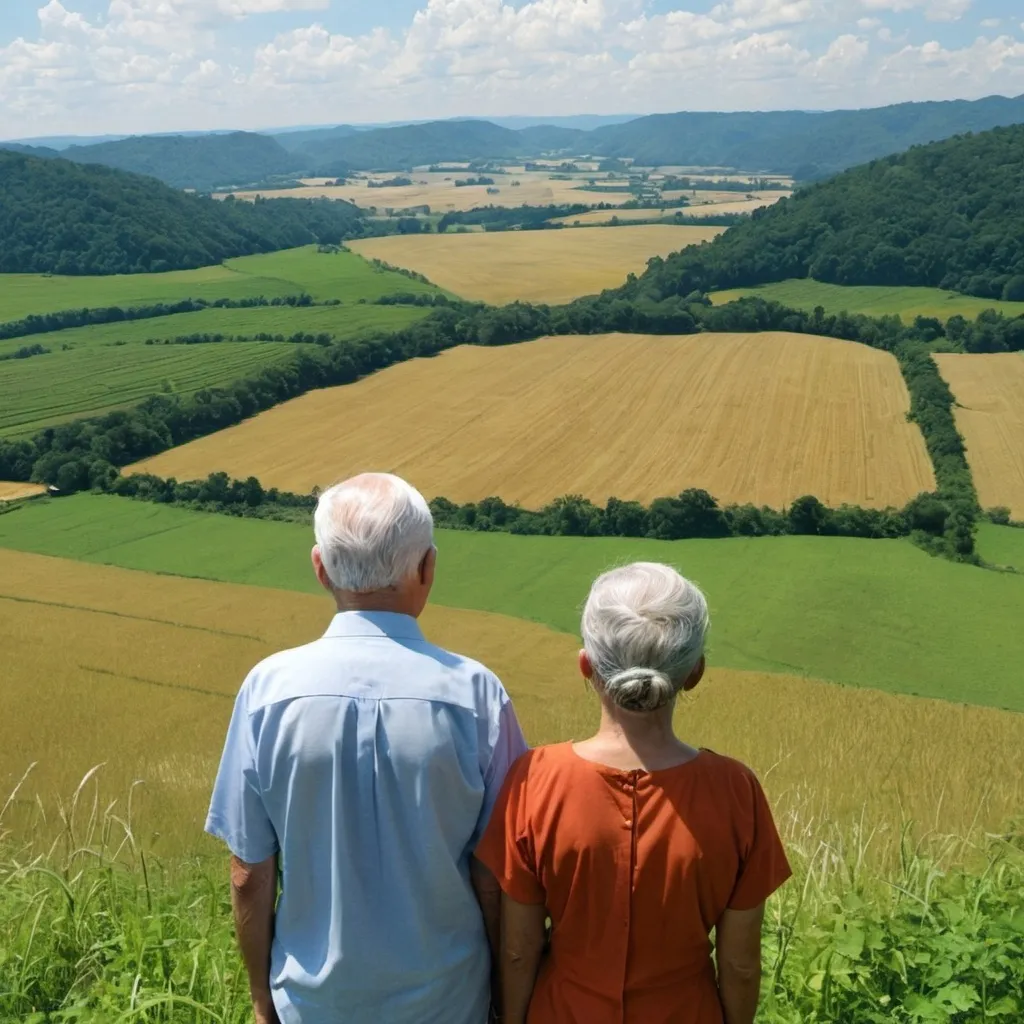 Prompt: An elderly couple overlooking their farm field