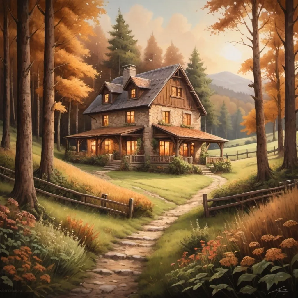 Prompt: home surrounded by woods and fields, traditional painting, cozy atmosphere, warm earthy tones, detailed flora and fauna, rustic style, natural lighting, high quality, traditional, cozy atmosphere, warm tones, detailed landscape, rustic, natural lighting