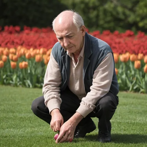 Prompt: Older man planting tulips