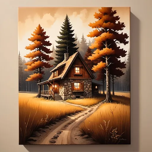 Prompt: home surrounded by woods and fields, traditional painting, cozy atmosphere, warm earthy tones, detailed flora and fauna, rustic style, natural lighting, high quality, traditional, cozy atmosphere, warm tones, detailed landscape, rustic, natural lighting