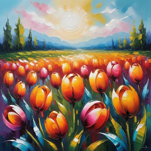 Prompt: Field of vibrant tulips, oil painting, soft brush strokes, high quality, impressionism, spring colors, natural lighting, colorful blooms, peaceful atmosphere