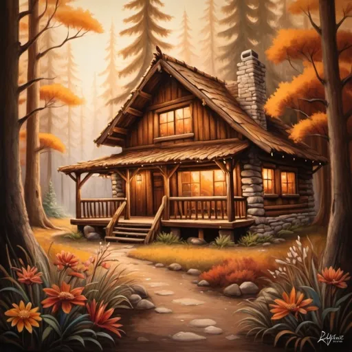 Prompt: home surrounded by woods and fields, traditional painting, cozy atmosphere, warm earthy tones, detailed flora and fauna, rustic style, natural lighting, high quality, traditional, cozy atmosphere, warm tones, detailed landscape, rustic, natural lighting