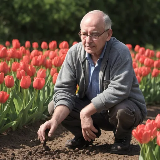 Prompt: Older man planting tulips