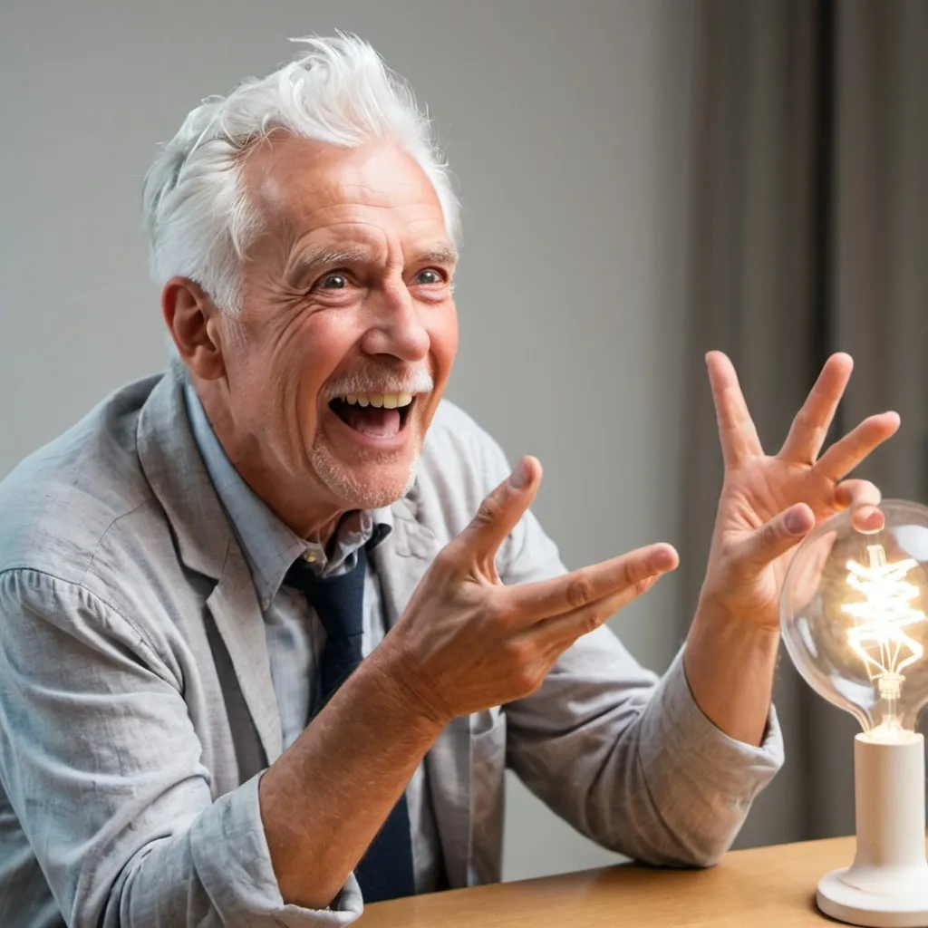 Prompt: An older white haired man looks excited about coming up with an idea