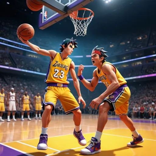 Prompt: Ash Ketchum dunking on Brock and Misty, vibrant digital art, detailed facial features, NBA player, professional basketball player, 3D rendering, intense and focused gaze, modern athletic pose, high quality, vibrant colors, digital art, detailed physique, realistic lighting, basketball court background, NBA, Lakers, professional, dynamic composition, modern, athletic, intense lighting