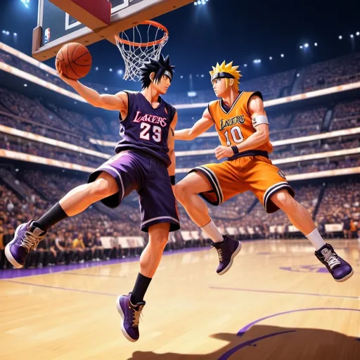 Prompt: Naruto Dunking on Sasuke, vibrant digital art, detailed facial features, NBA player, professional basketball player, 3D rendering, intense and focused gaze, modern athletic pose, high quality, vibrant colors, digital art, detailed physique, realistic lighting, basketball court background, NBA, Lakers, professional, dynamic composition, modern, athletic, intense lighting