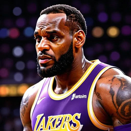 Prompt: LeBron James kissing, vibrant digital art, detailed facial features, NBA player, professional basketball player, 3D rendering, intense and focused gaze, modern athletic pose, high quality, vibrant colors, digital art, detailed physique, realistic lighting, basketball court background, NBA, Lakers, professional, dynamic composition, modern, athletic, intense lighting