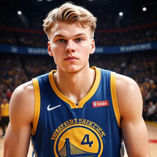 Prompt: Lauri Markkanen in Warriors jersey, vibrant digital art, detailed facial features, NBA player, professional basketball player, 3D rendering, intense and focused gaze, modern athletic pose, high quality, vibrant colors, digital art, detailed physique, realistic lighting, basketball court background, NBA, Warriors, professional, dynamic composition, modern, athletic, intense lighting