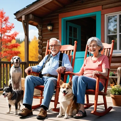 Prompt: Disney style grandpa with grey hair and glasses sitting on a porch in a rocking chair with a dog next to the chair and a grandma in a rocking chair sitting next to the dog with a small cabin in the background , vibrant colors, sunny