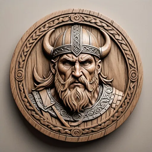 Prompt: Circular Coin with Male Viking Warrior, Wood Carving, Mythical Theme, Neutral Colors, Neutral Lighting, Orthographic