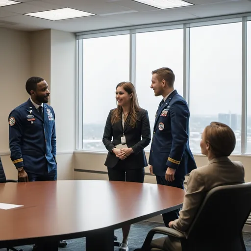 Prompt: Four people standing close together in a conference room talking, by a window.  Only one of them is a wearing US naval officer's uniform.  

