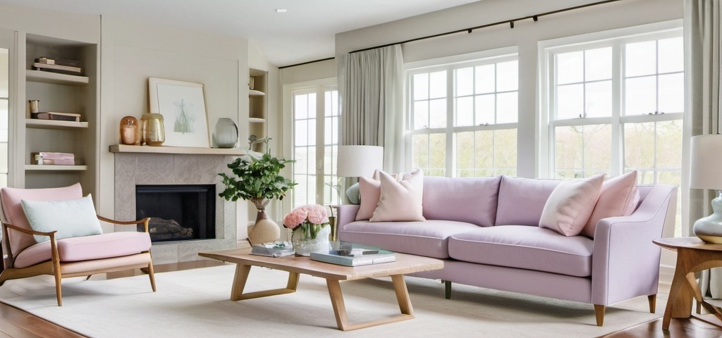 Prompt: design a living room that is bright with natural light and large windows with a pastel colored sofa and natural wood floors
