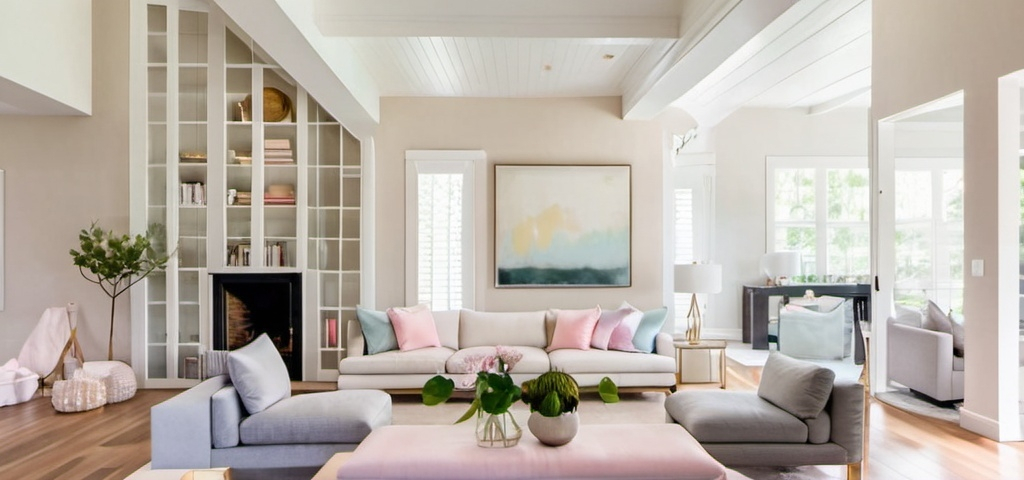 Prompt: Bright, pastel colored living room with natural light, natural wood floors, open wall space, pastel color tones, cozy interior, minimalistic design, cozy ambiance, inviting atmosphere, airy feel, unobstructed natural light. Would like to look directly on to fireplace with open space above the fireplace and wall of windows on the right side.. Leave walls empty. Include decor from architectural digest magazine
