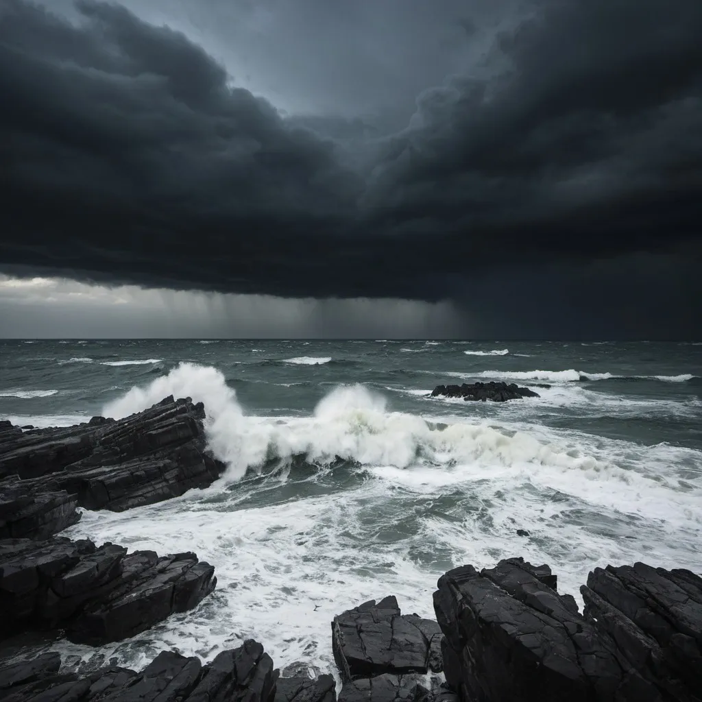 Prompt: A stomy sea under heavy dark clouds with rocks that have waves crashing over them 