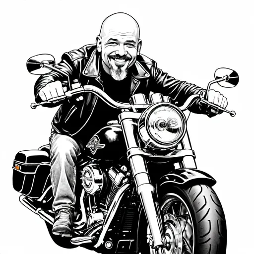 Prompt: Smiling bald biker with grey goatee on a Harley Davidson leaning forward 