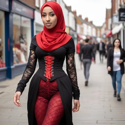 Prompt: Tall young woman walking down the high street, detailed clothing, realistic, natural lighting wearing a red hijab and corset with bigbreasts no Abaya and with fishnet leggings 