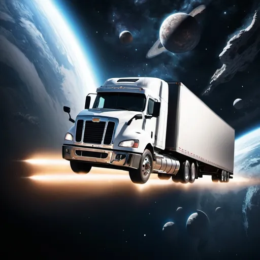 Prompt: A semi-tractor trailer truck, flying thru space