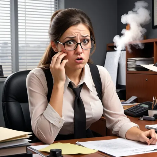 Prompt: A secretary sitting at her desk, kinda disgusted, and kinda just realizing that the gross smell she smells, is actually coming from her ‘front fumes’ - which is her unsanitary, stinky poontang, under her skirt. And draw the actual fumes like a stinky cloud or miasma rising up to her nose, in realistic style
