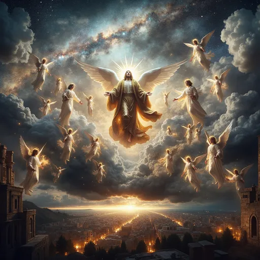 Prompt: Visualize a breathtaking scene where the Son of God descends from the turbulent clouds, an aura of divine light surrounding him as he releases a mighty shout that reverberates through the air. His majestic figure is cloaked in radiant robes that shimmer with golden threads, illuminated by celestial beams piercing through the dark clouds. Behind him, millions of angels soar in perfect formation, their wings glistening like starlight, singing in harmonious praise. In the distance, Jerusalem stands with its ancient stone walls bathed in twilight hues, casting long shadows over the landscape. Above, the sky splits open dramatically, revealing a vibrant celestial heaven filled with swirling galaxies and glimmering stars. The atmosphere is electric, filled with anticipation and reverence, evoking a sense of awe and wonder. This moment is captured in cinematic lighting, with a hint of ethereal glow that enhances the divine presence of the scene.