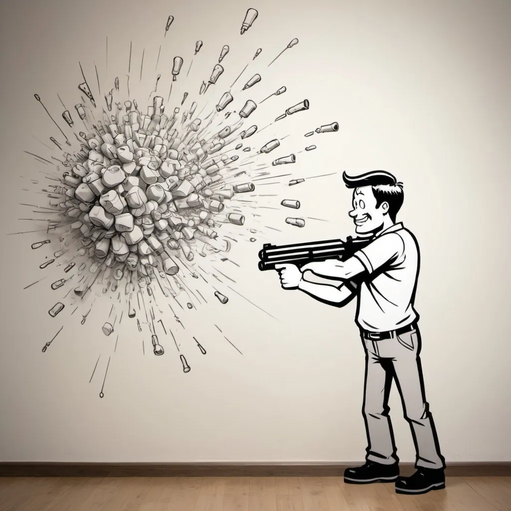 Prompt: I want an image that conveys the idea of ideas being generated randomly by showing a scattergun firing ideas against a wall. Make it cartoon like so it its more friendly. make the spread of ideas hitting the wall quite large. Each idea should be represented as a question 