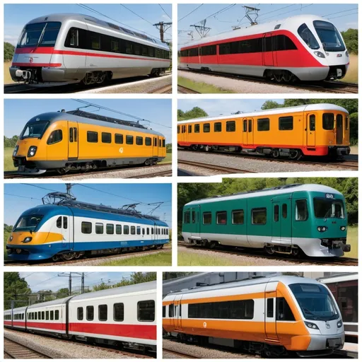 Prompt:  6 equal squares of images. are and illustrators of old, new, modern, electric trains