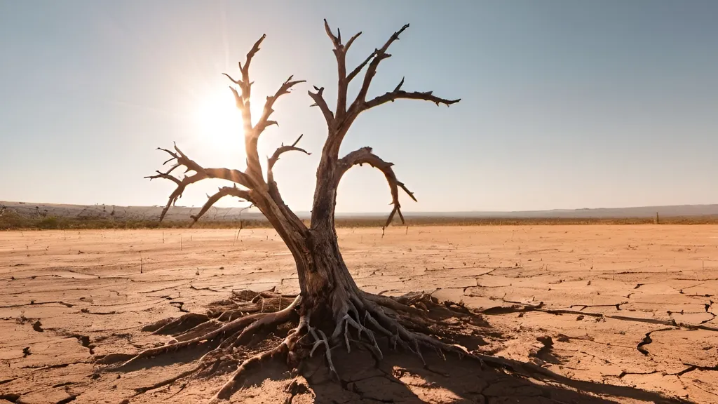 Prompt: A dead tree surrounded by dry soil with the sun in the background
