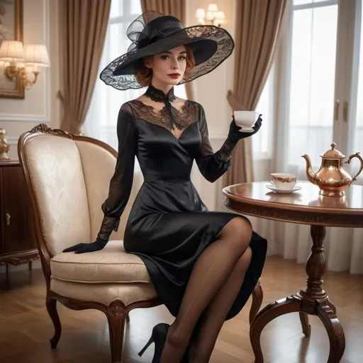 Prompt: sophisticated lady having tea in a sumptuously furnished apartment, knee-length black silk dress with lace trim, sheer cognac nylon stockings, white shoes, wide-angle view, realistic style, elegant hat, high quality, detailed furnishings, luxurious setting, professional lighting, realistic colors