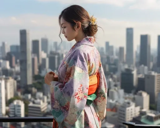 Prompt: A girl wears Japanese summer Kimono
standing on the top of the skyscraper of Tokyo with bright sunshine after rain 
