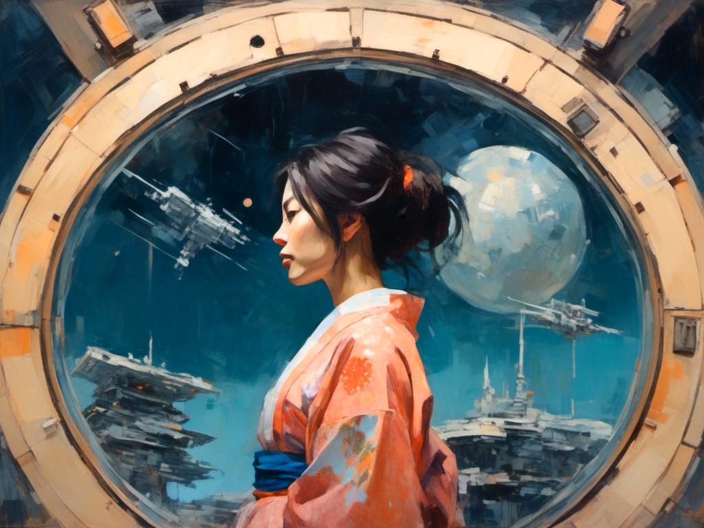 Prompt: <mymodel> a woman in a kimono standing in front of a space station window, sci-fi