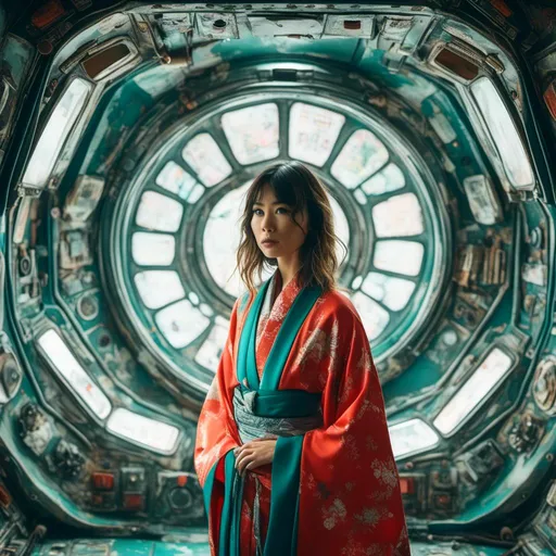 Prompt: A woman wears Japanese kimono standing in a spaceship<mymodel>