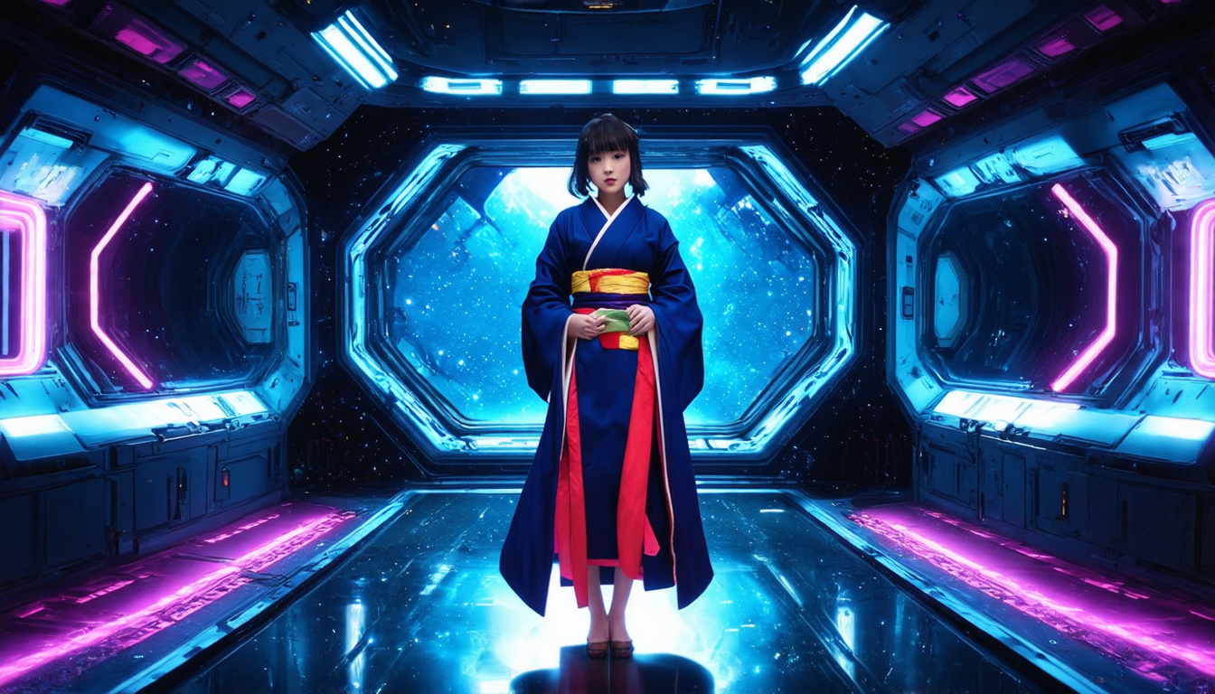 Prompt: A Japanese girl wears kimono standing in a spaceship