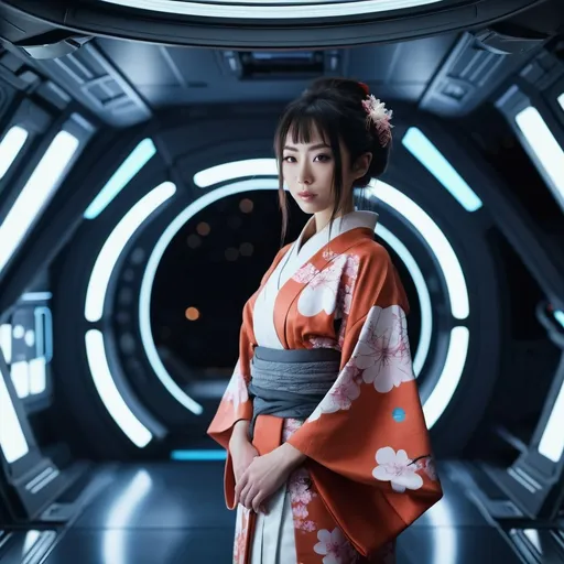 Prompt: A beautiful girl wears kimono standing in the spaceship, sci-fi, hd, 4k 