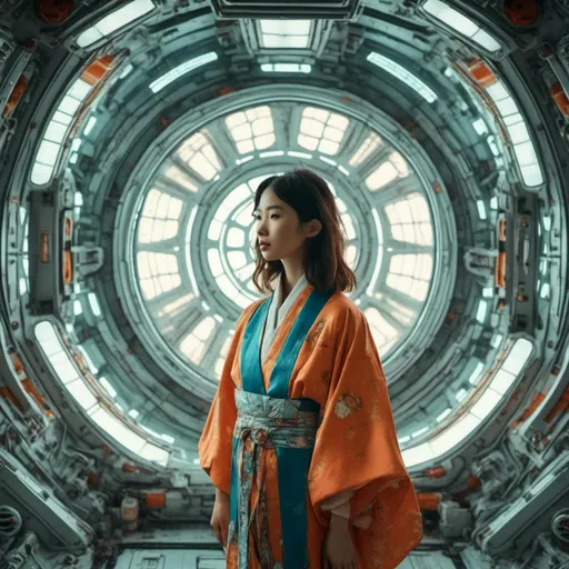 Prompt: A woman wears kimono standing in the space ship<mymodel>