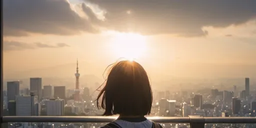 Prompt: A girl standing on the top of the skyscraper of Tokyo with bright sunshine after rain 
