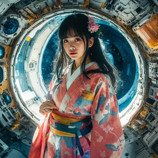 Prompt: A Japanese girl wears kimono standing in a spaceship