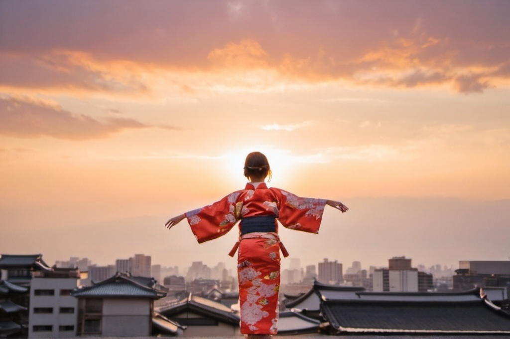 Prompt: sunset over a girl wears kimono on the top of the building