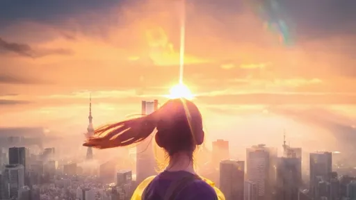 Prompt: A girl standing on the top of the skyscraper of Tokyo with bright sunshine after rain