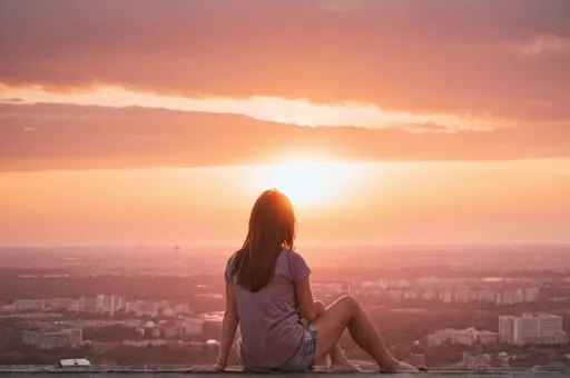 Prompt: sunset over a girl on the top of the building