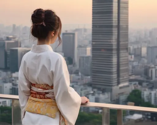 Prompt: A girl wears white Japanese summer Kimono is standing on the top of a skyscraper in Tokyo  and watching the sunset
 