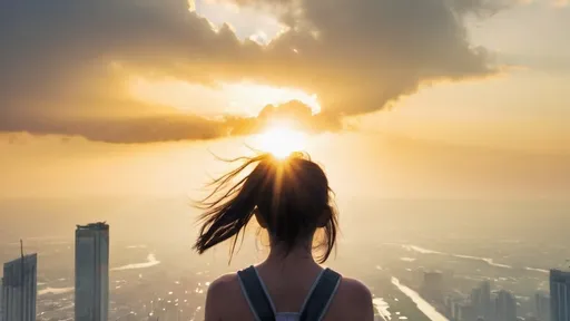 Prompt: A girl standing on the top of the skyscraper with sunshine after rain 
