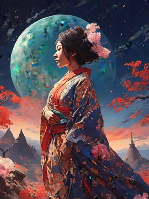 Prompt: <mymodel> A woman wears Japanese kimono standing in space 