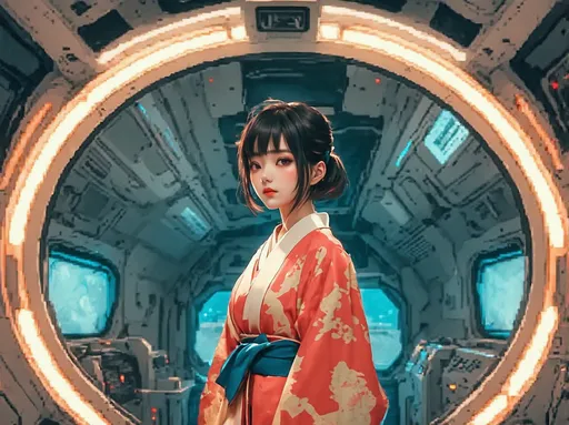 Prompt: A Japanese girl wears kimono standing in a spaceship