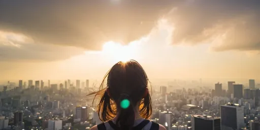 Prompt: A girl standing on the top of the skyscraper of Tokyo with bright sunshine after rain 
