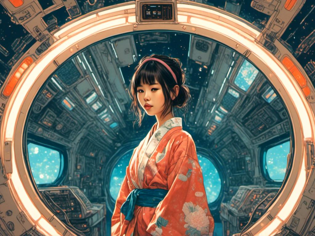 Prompt: A Japanese girl wears kimono standing in a spaceship<mymodel>