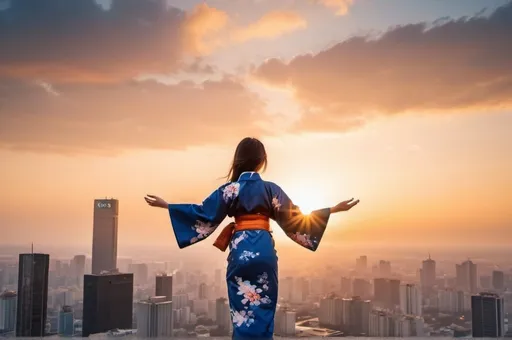 Prompt: sunset over a girl wears blue kimono on the top of the skyscraper