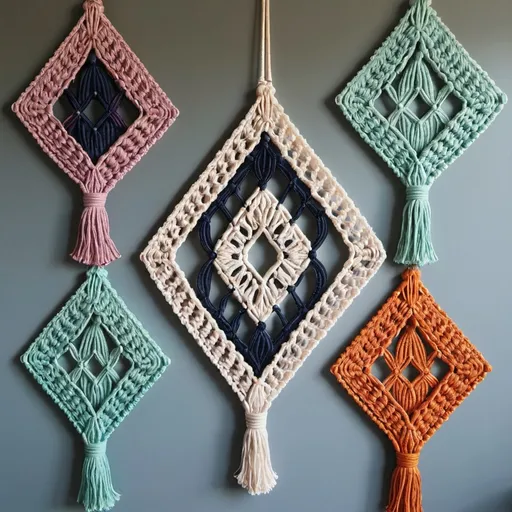 Prompt: diamond shaped macrame wall hangings coloured