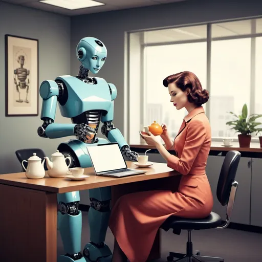 Prompt: Woman working on laptop in office situation; humanoid robot is serving her tea,  50's editorial color illustration
