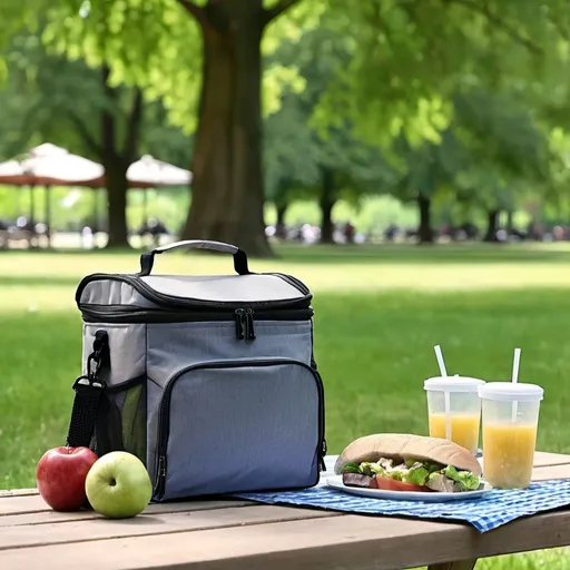 Prompt: cooler lunch bag sitting on picnic table in a park
